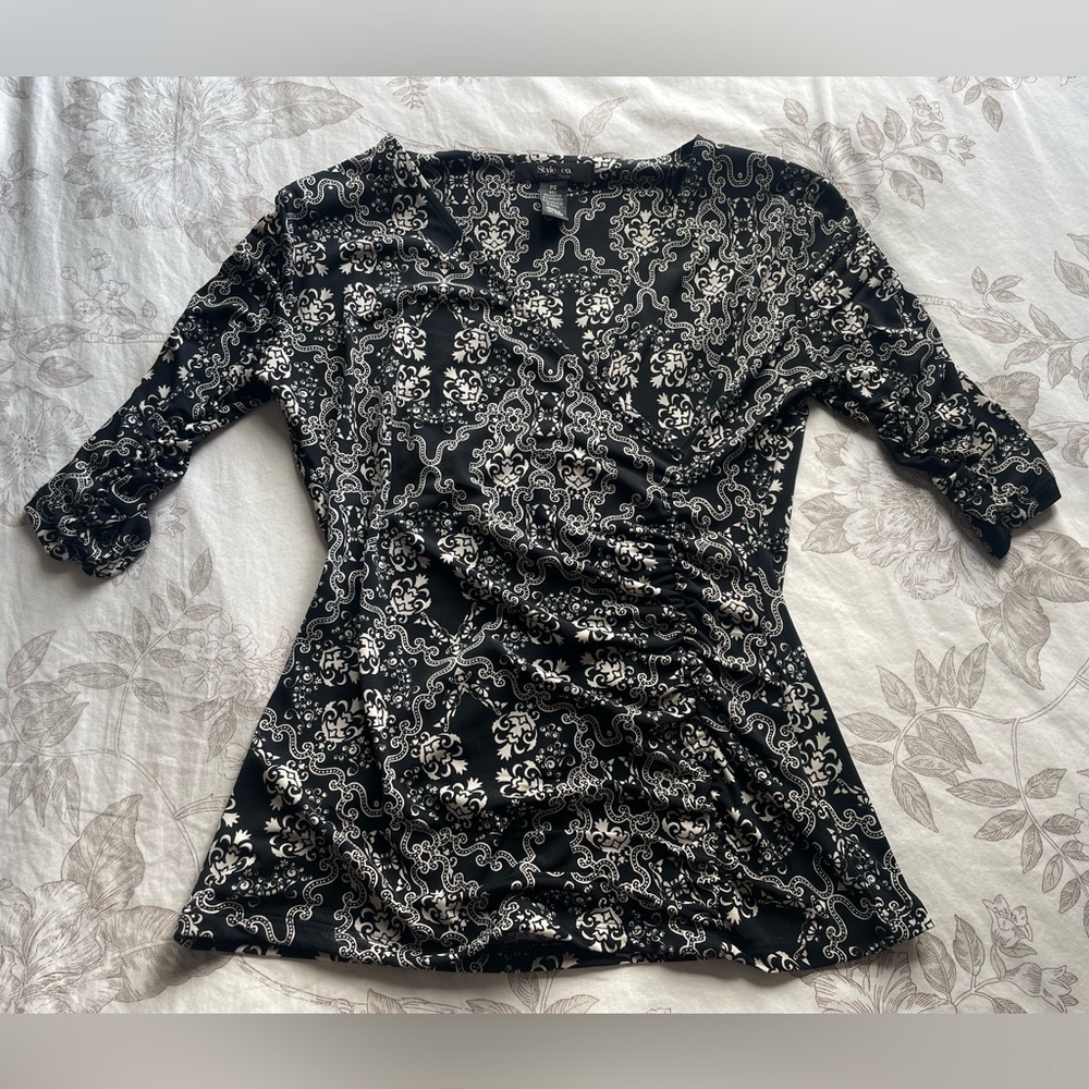 Y2K Black Ruched 3/4 Sleeve Top Small Lorelei Gilmore Office Work Stretch Casual